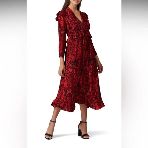ba&sh Dresses Red Black Bash Sahara Ruffled Snakeprint Vneck